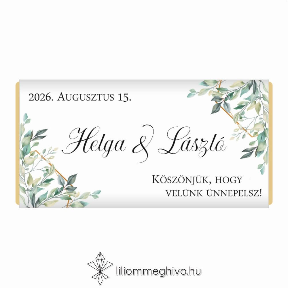 Kőris esküvői csokoládé köszönőajándék zöld színek greenery hangulat