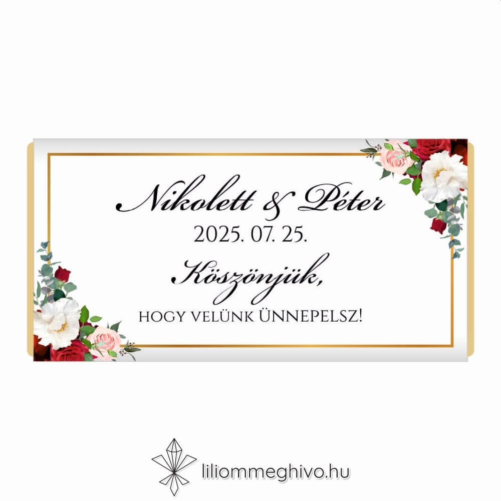 Rózsa esküvői csokoládé köszönőajándék rózsákkal arany kerettel