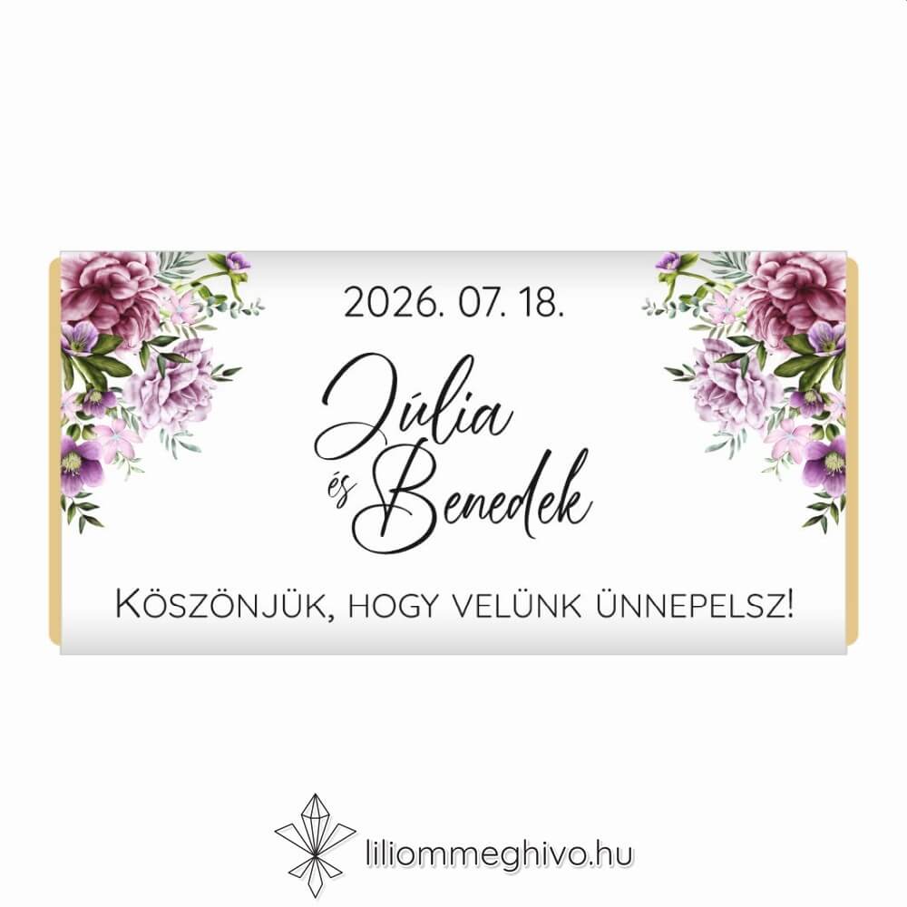 Szellőrózsa esküvői csokoládé köszönetajándék színes virágkerettel