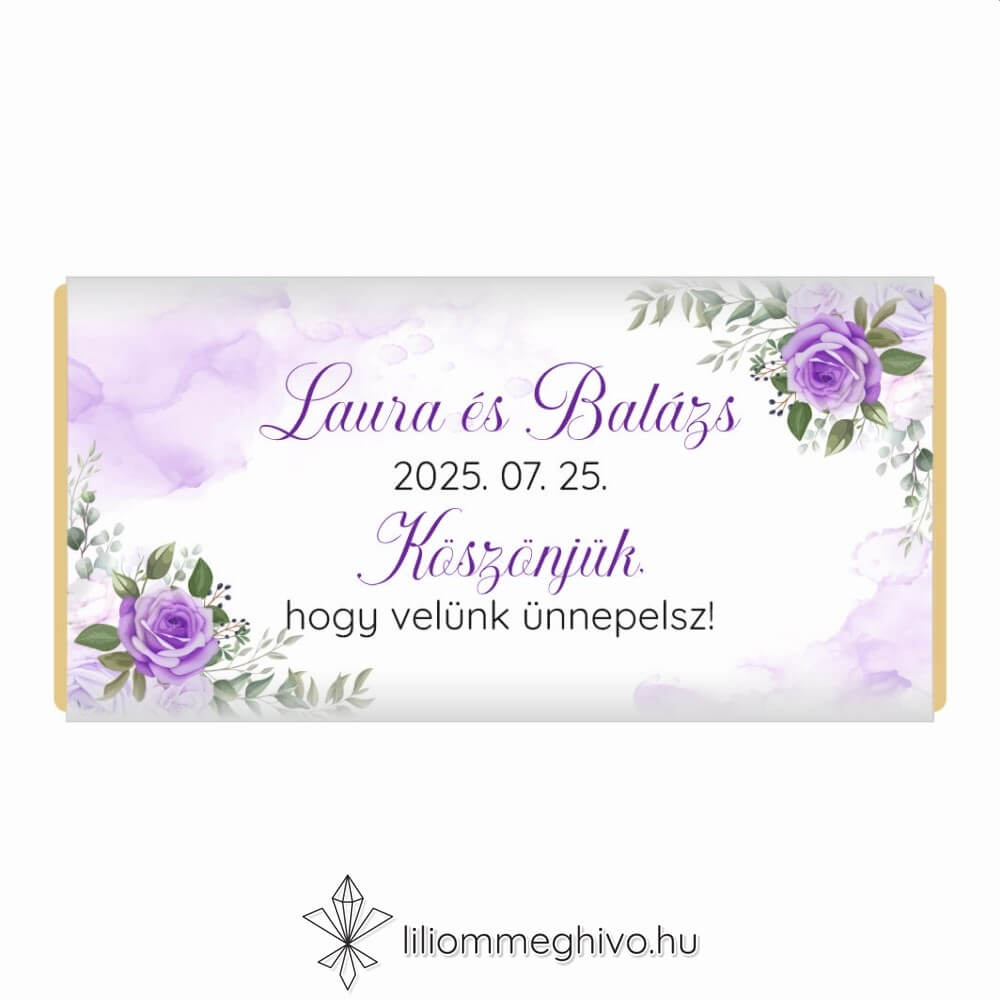Tavasz esküvői csokoládé köszönőajándék lila virágokkal