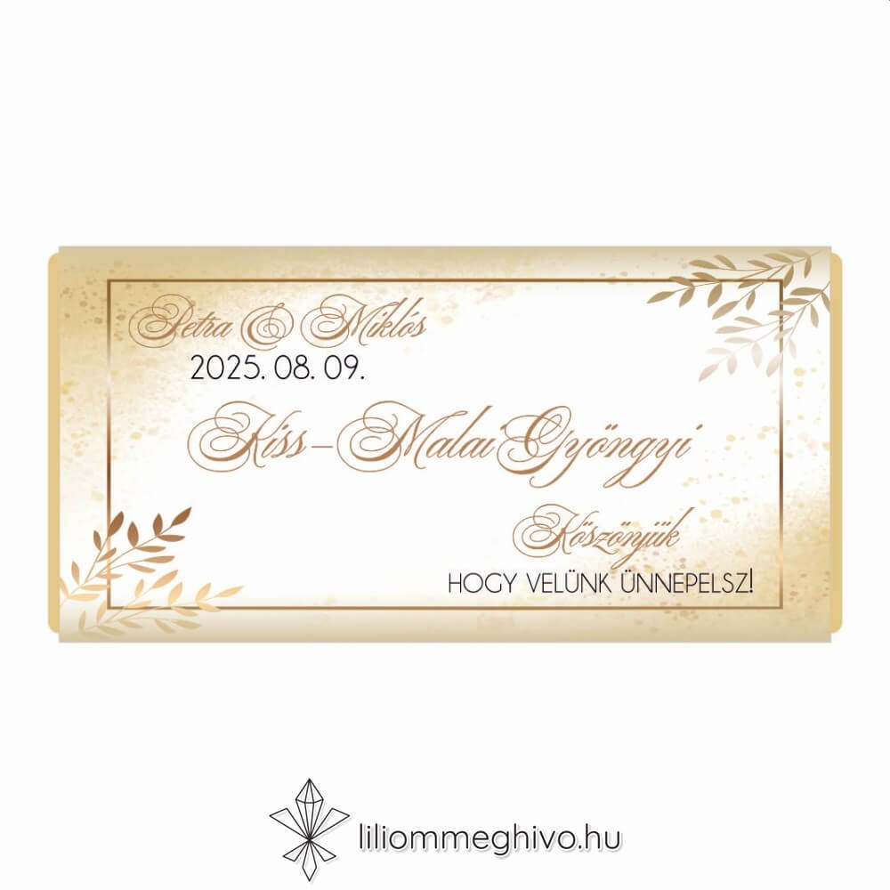 Aranypor esküvői csoki vendégajándék és ültetőkártya elegáns arany színű csillogás