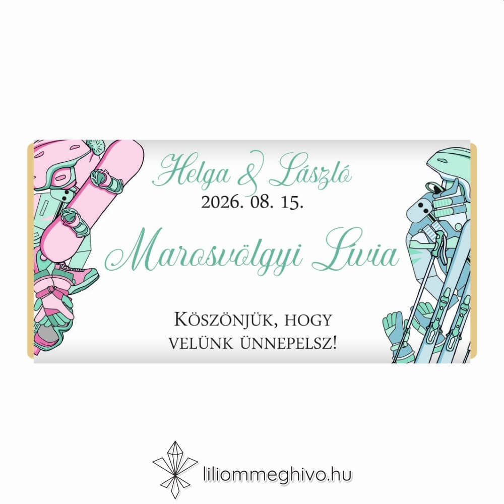 Hütte esküvői csokoládé vendégajándék és ültetőkártya pasztell színek síelős hangulat