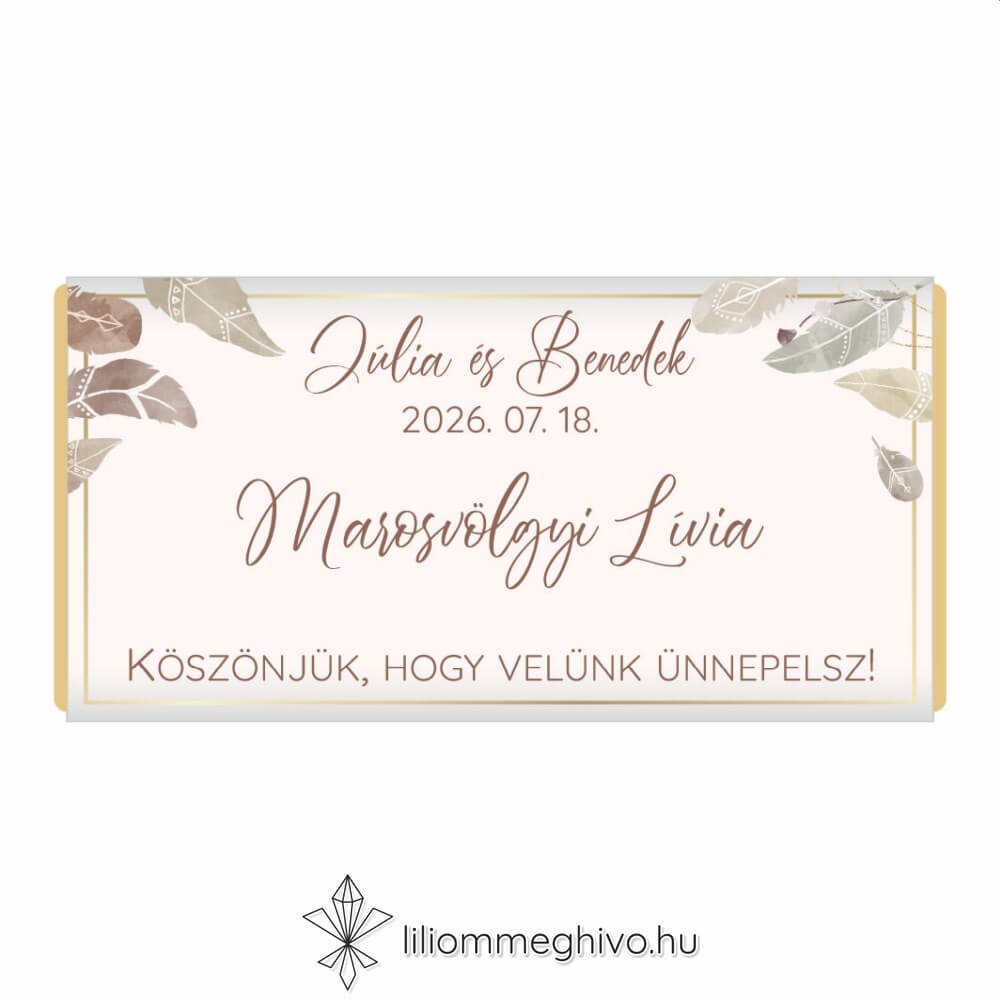 Indián esküvői csoki köszönőajándék és ültetőkártya pasztell színű tollakkal