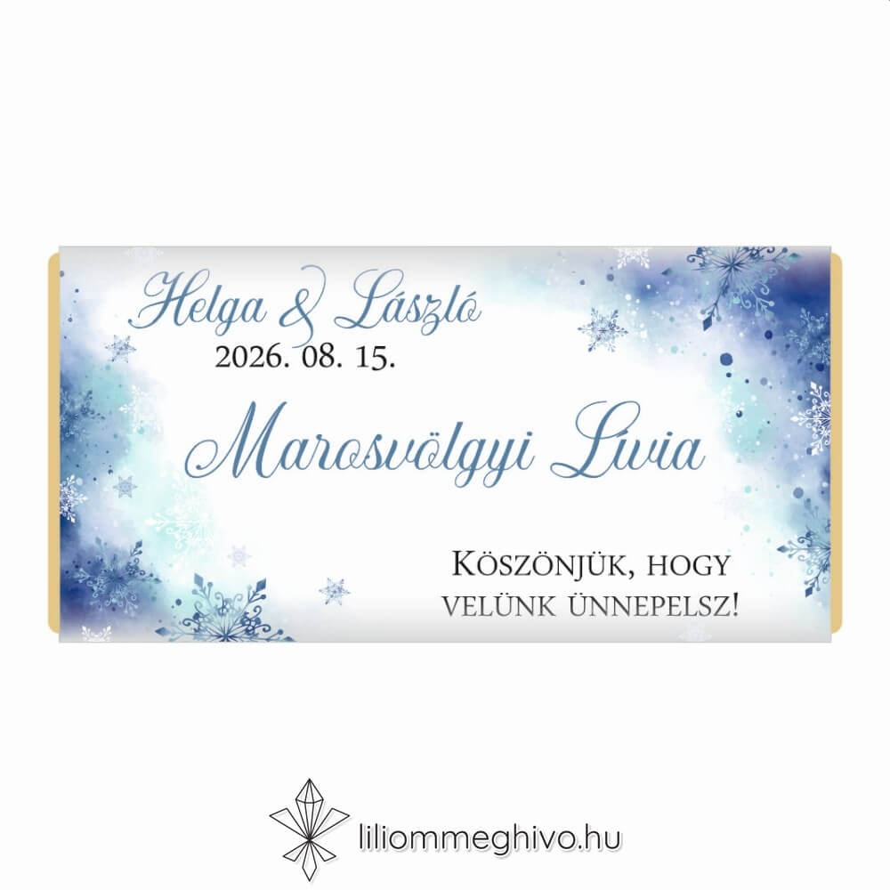 Jégvarázs esküvői csoki köszönetajándék és ültetőkártya festett kék háttér szikrázó jégkristályok