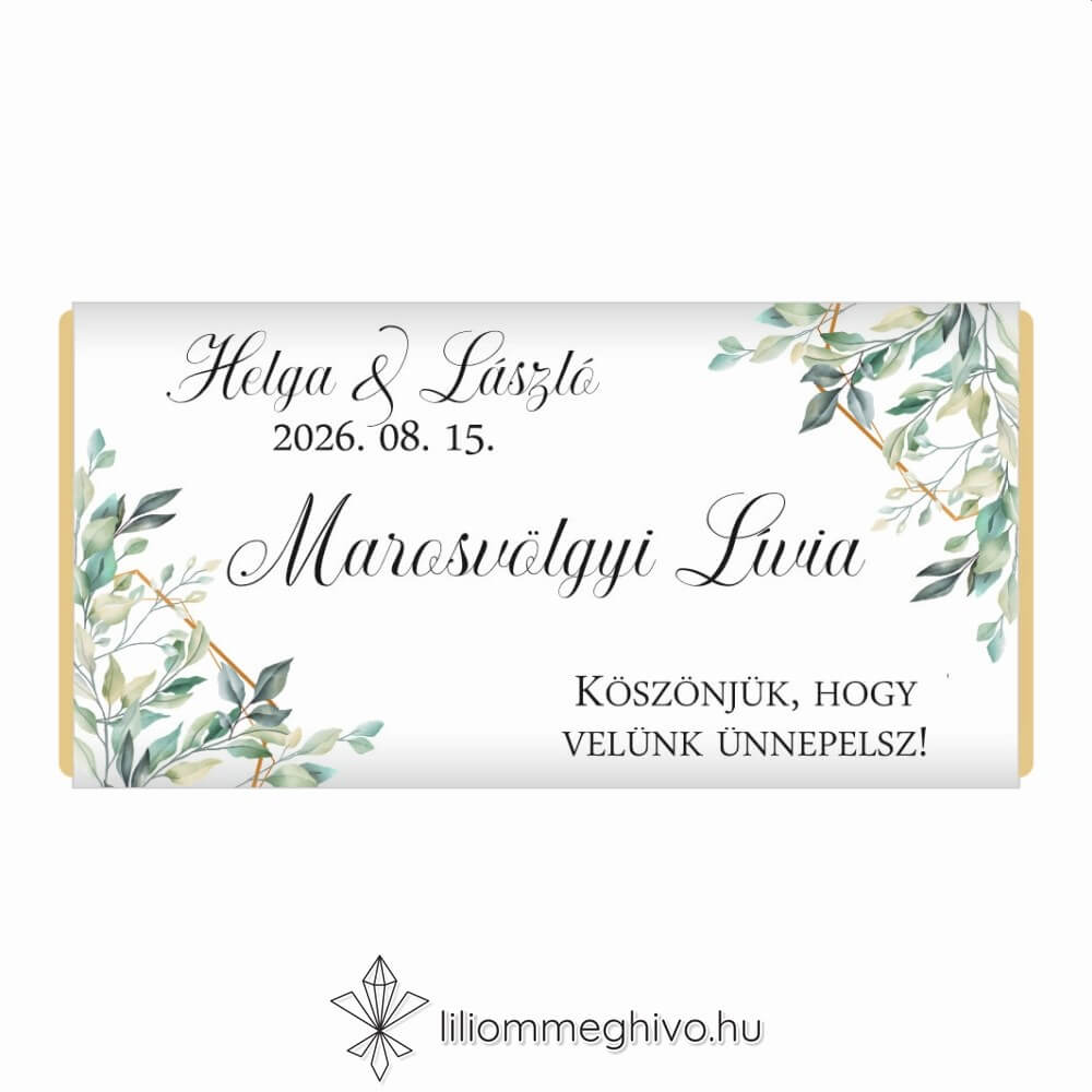 Kőris esküvői csokoládé köszönőajándék és ültetőkártya zöld színek greenery hangulat