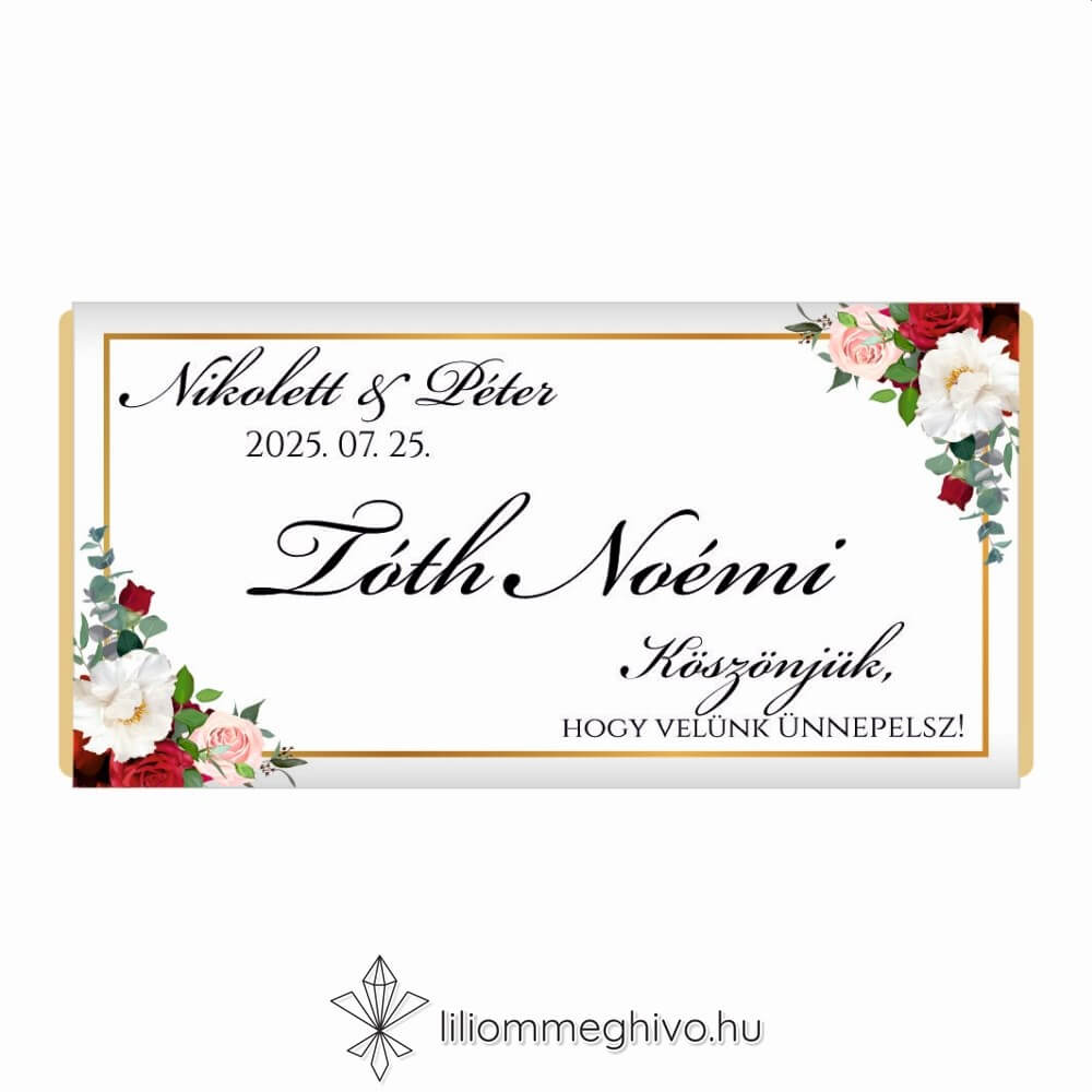 Rózsa esküvői csokoládé köszönőajándék és ültetőkártya rózsákkal arany kerettel
