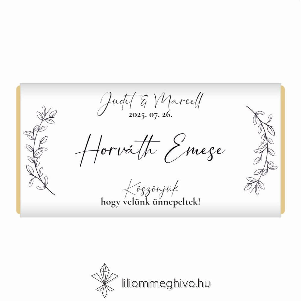 Szignó esküvői csokoládé köszönőajándék és ültetőkártya modern fekete-fehér stílus