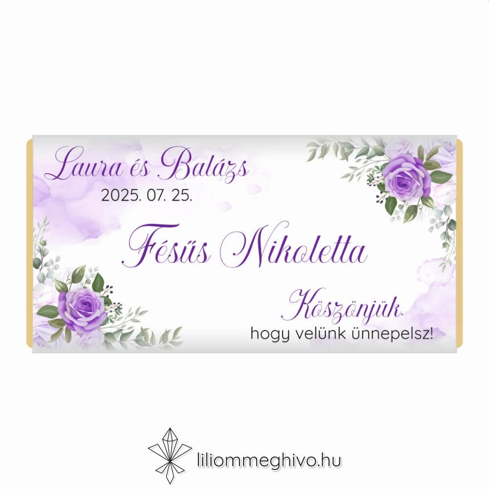 Tavasz esküvői csokoládé köszönőajándék és ültetőkártya lila virágokkal