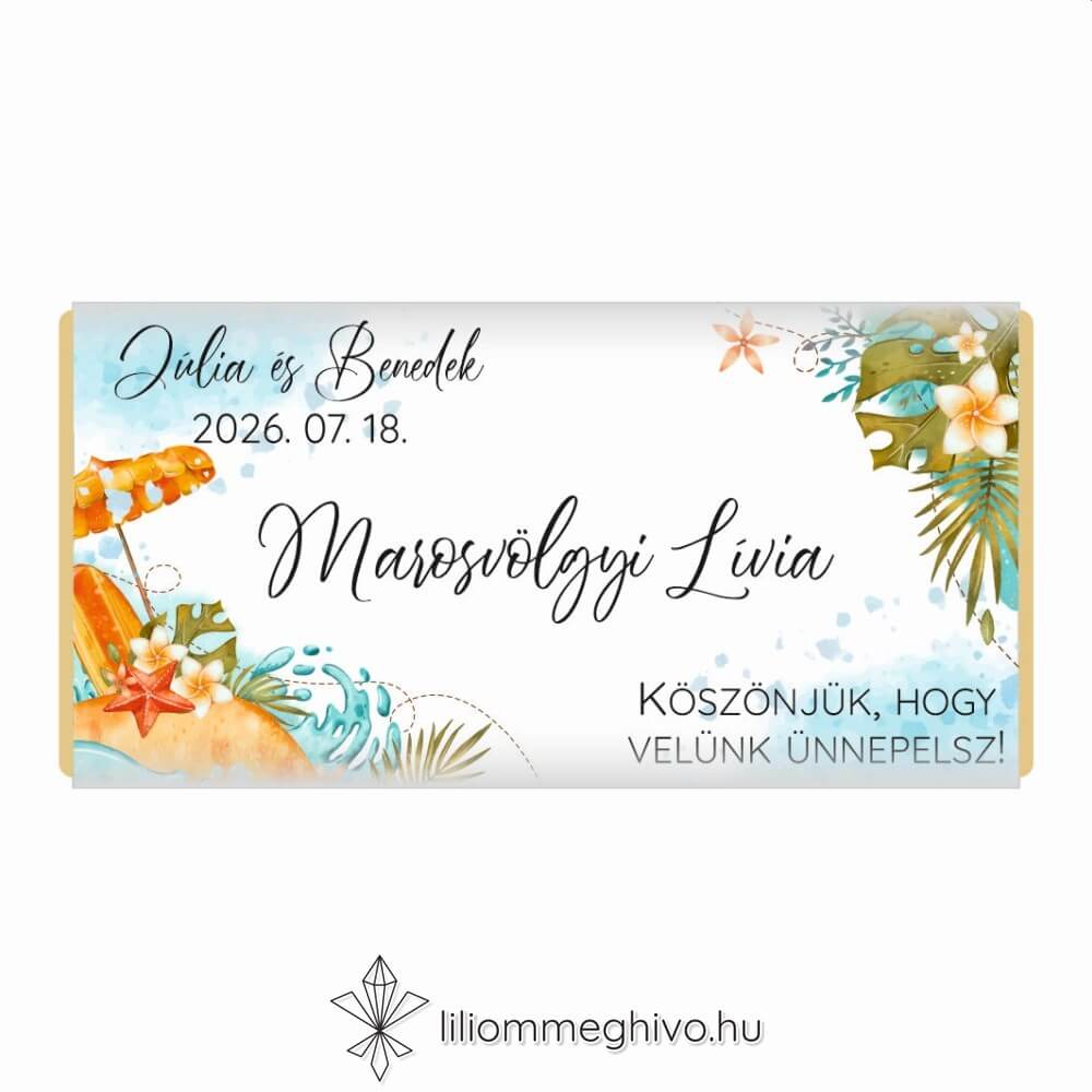 eskuvoi-koszonetajandek-csoki-ulteto-tunezia-liliommeghivo Tunézia esküvői csokoládé köszönetajándék és ültetőkártya tengerparti rajzokkal