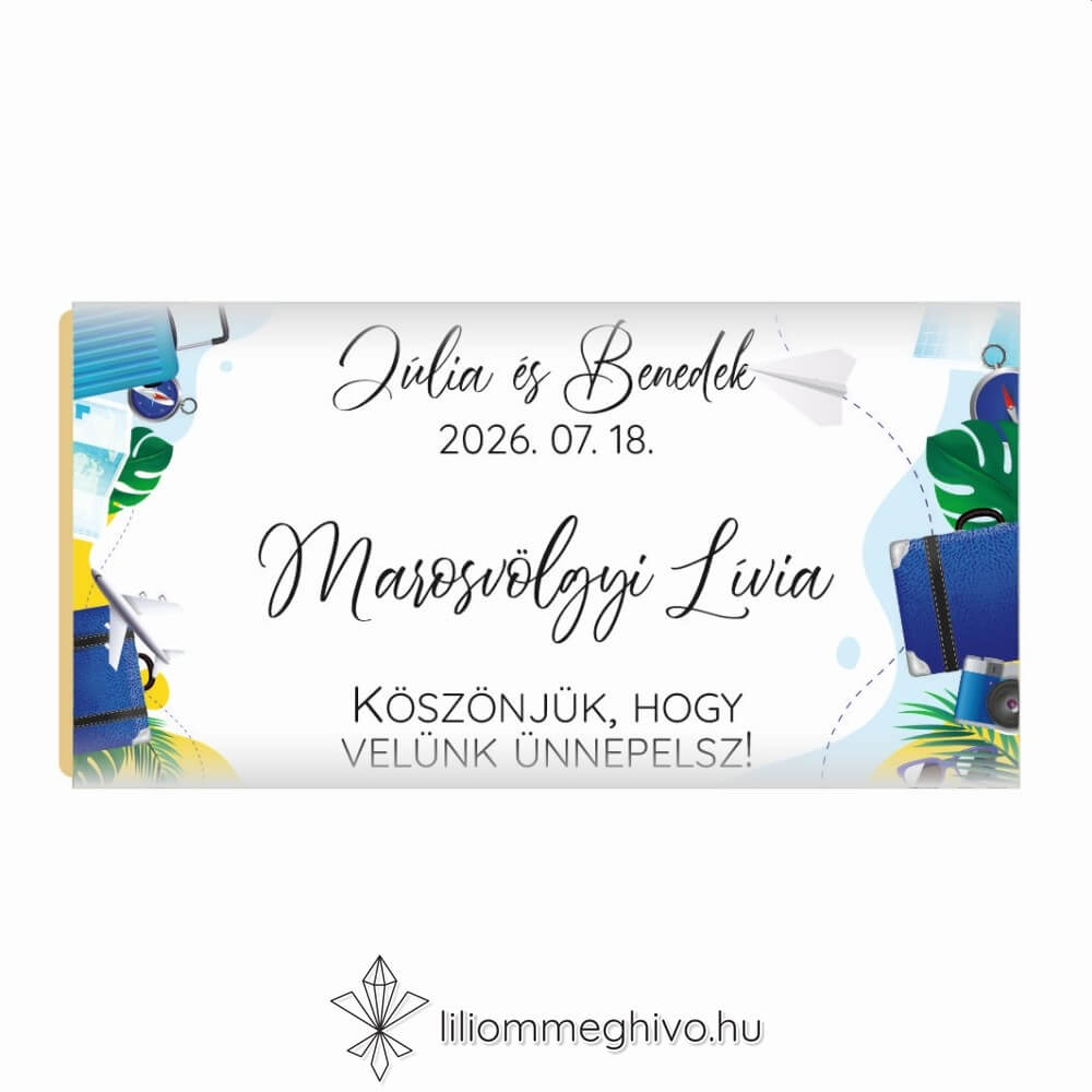 Világjáró esküvői csokoládé vendégajándék és ültetőkártya élénk színek utazásos grafikák