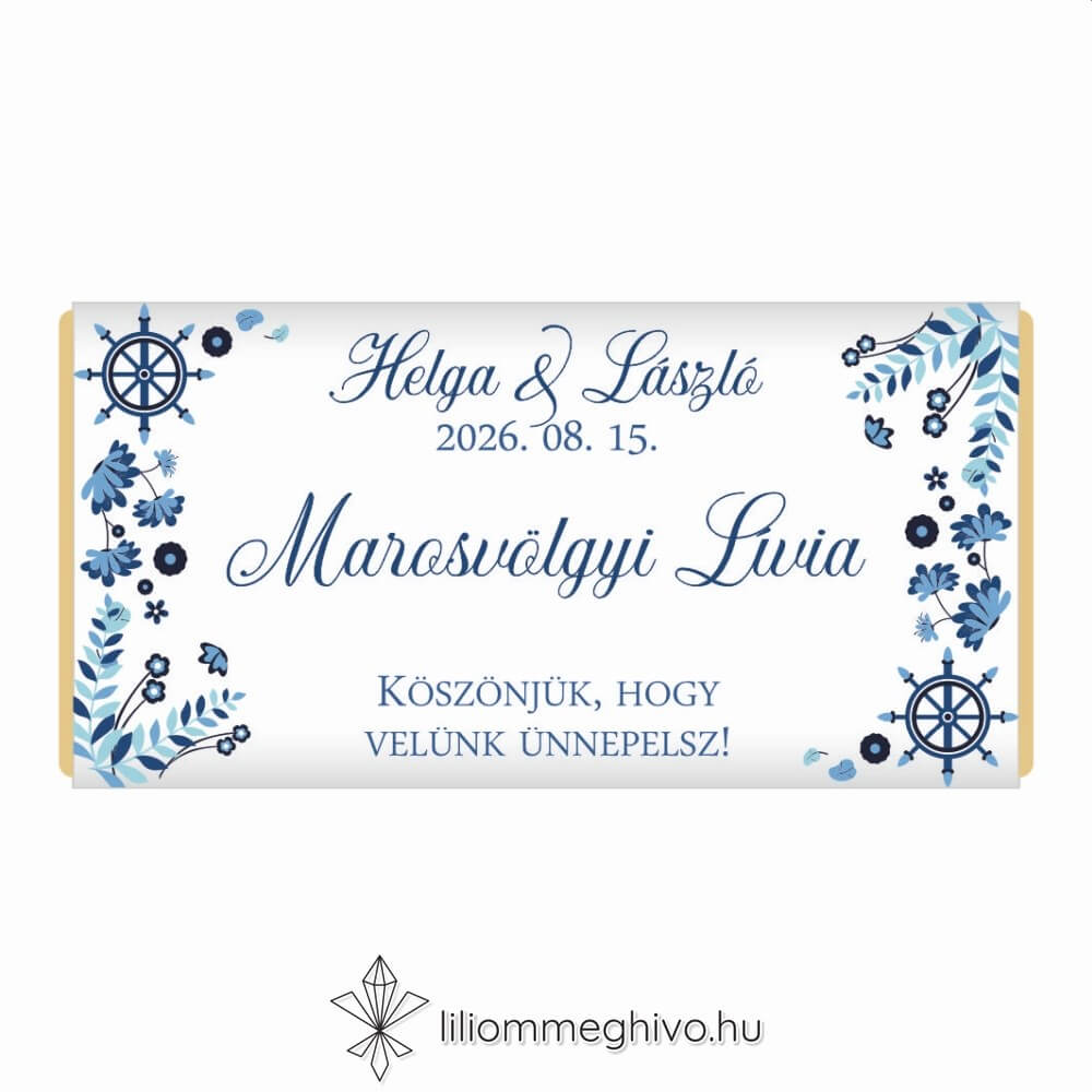 Vízivilág esküvői csoki köszönőajándék és ültetőkártya kék színek vizes grafikák