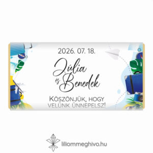 Világjáró esküvői csokoládé vendégajándék élénk színek utazásos grafikák