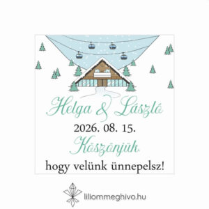 Hütte esküvői hűtőmágnes vendégajándék pasztell színek síelős hangulat