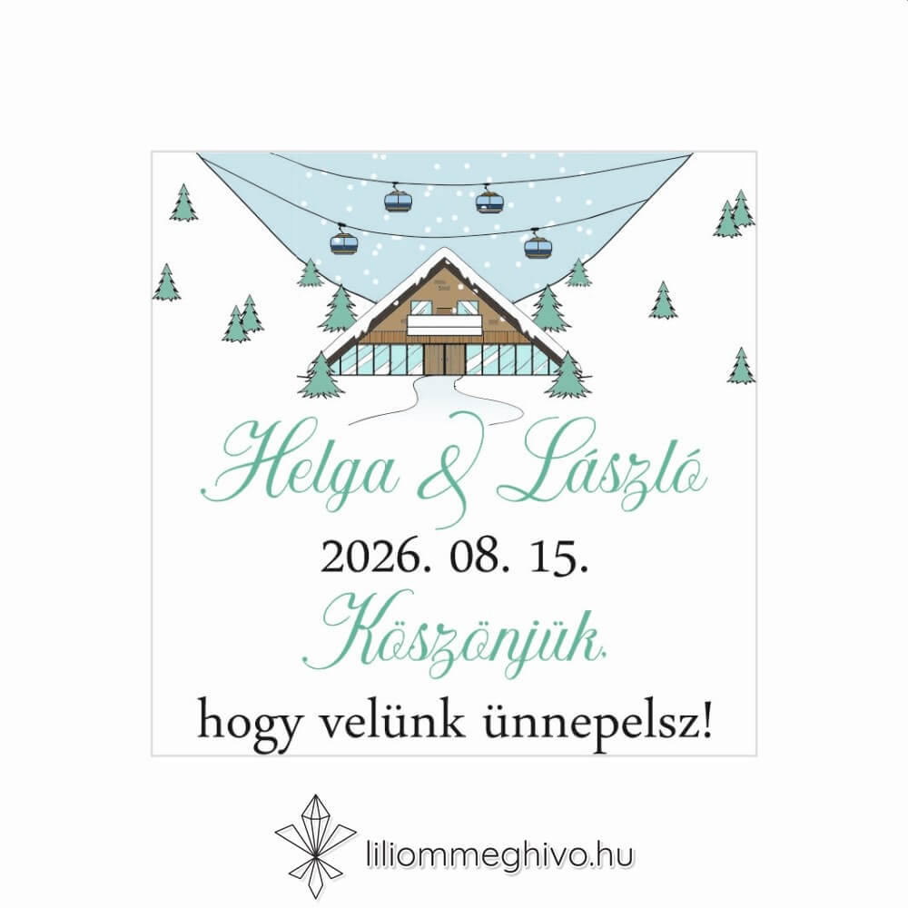 Hütte esküvői hűtőmágnes vendégajándék pasztell színek síelős hangulat