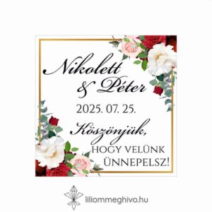 Rózsa esküvői hűtőmágnes köszönőajándék rózsákkal arany kerettel