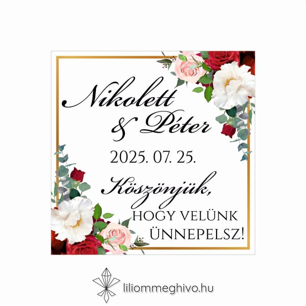 Rózsa esküvői hűtőmágnes köszönőajándék rózsákkal arany kerettel