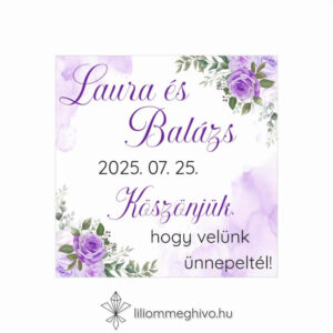 Tavasz esküvői hűtőmágnes köszönőajándék lila virágokkal