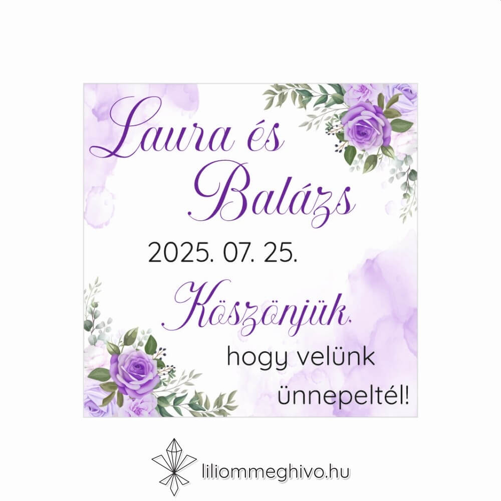 Tavasz esküvői hűtőmágnes köszönőajándék lila virágokkal