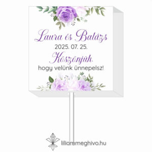 Tavasz esküvői nyalóka köszönőajándék lila virágokkal