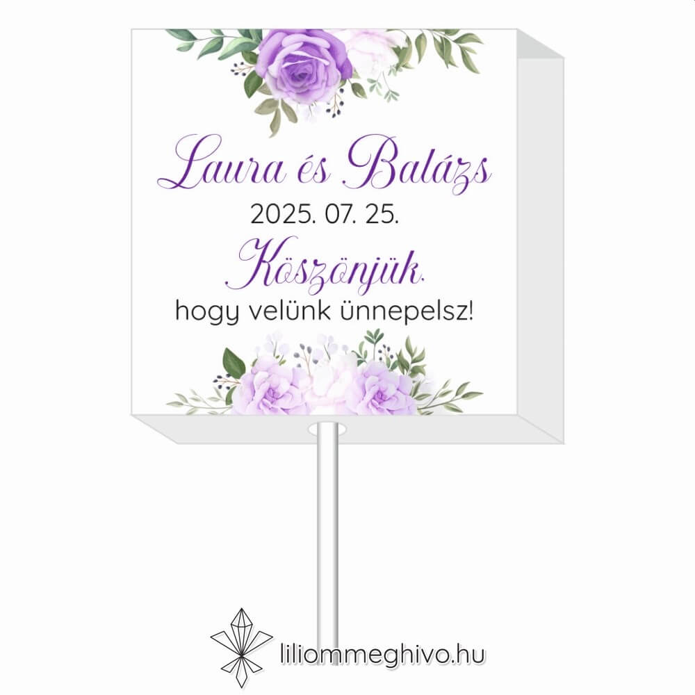Tavasz esküvői nyalóka köszönőajándék lila virágokkal