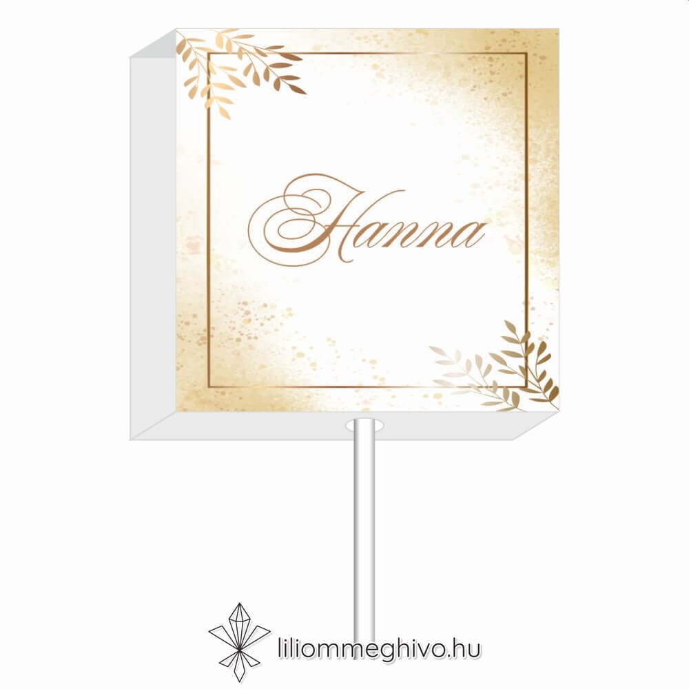 Aranypor esküvői nyalóka vendégajándék és ültetőkártya elegáns arany színű csillogás