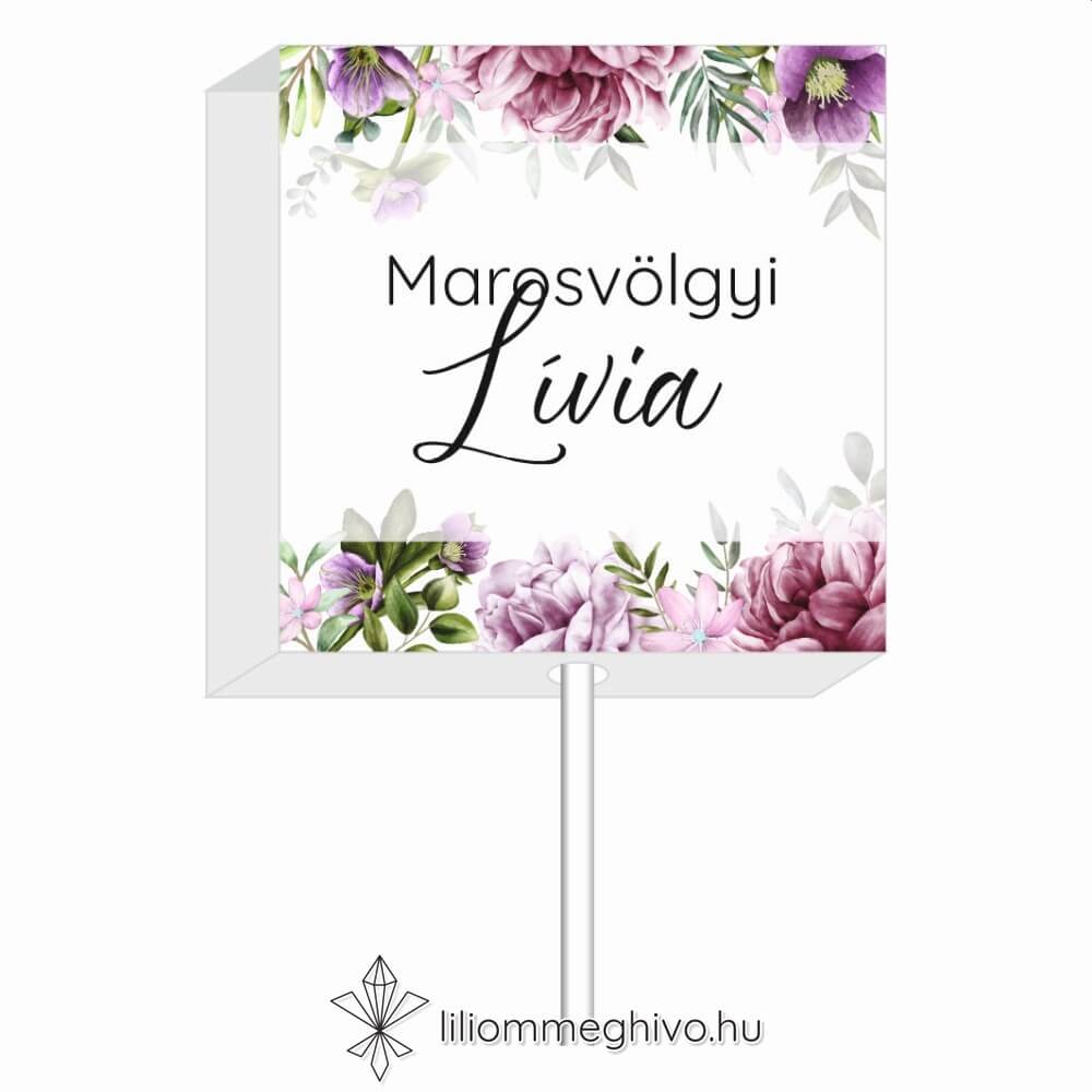 Szellőrózsa esküvői nyalóka köszönetajándék és ültetőkártya színes virágkerettel