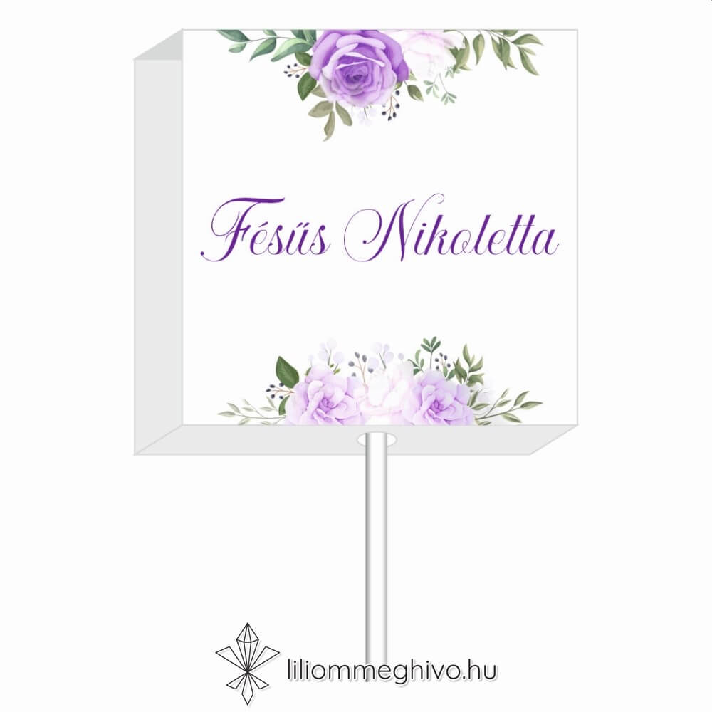 Tavasz esküvői nyalóka köszönőajándék és ültetőkártya lila virágokkal