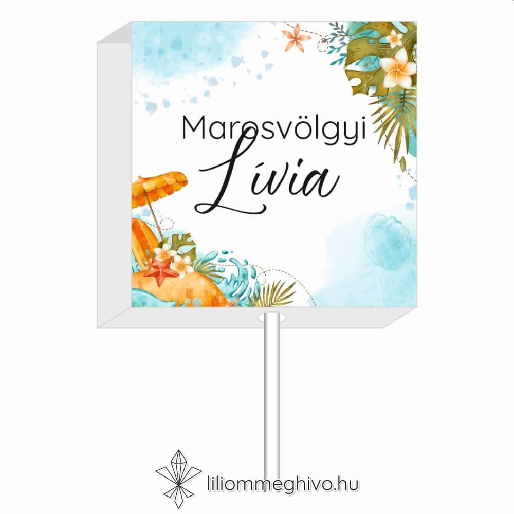 Tunézia esküvői nyalóka köszönetajándék és ültetőkártya tengerparti rajzokkal