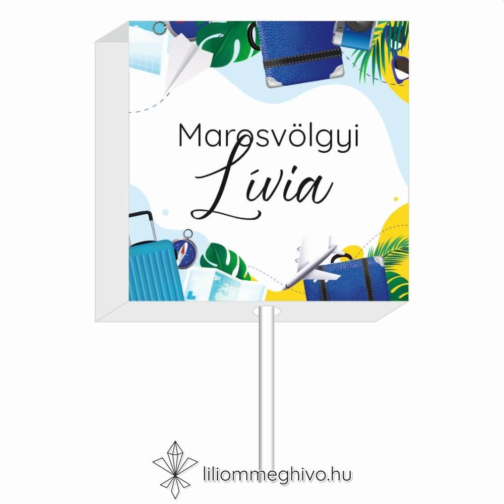 Világjáró esküvői nyalóka vendégajándék és ültetőkártya élénk színek utazásos grafikák