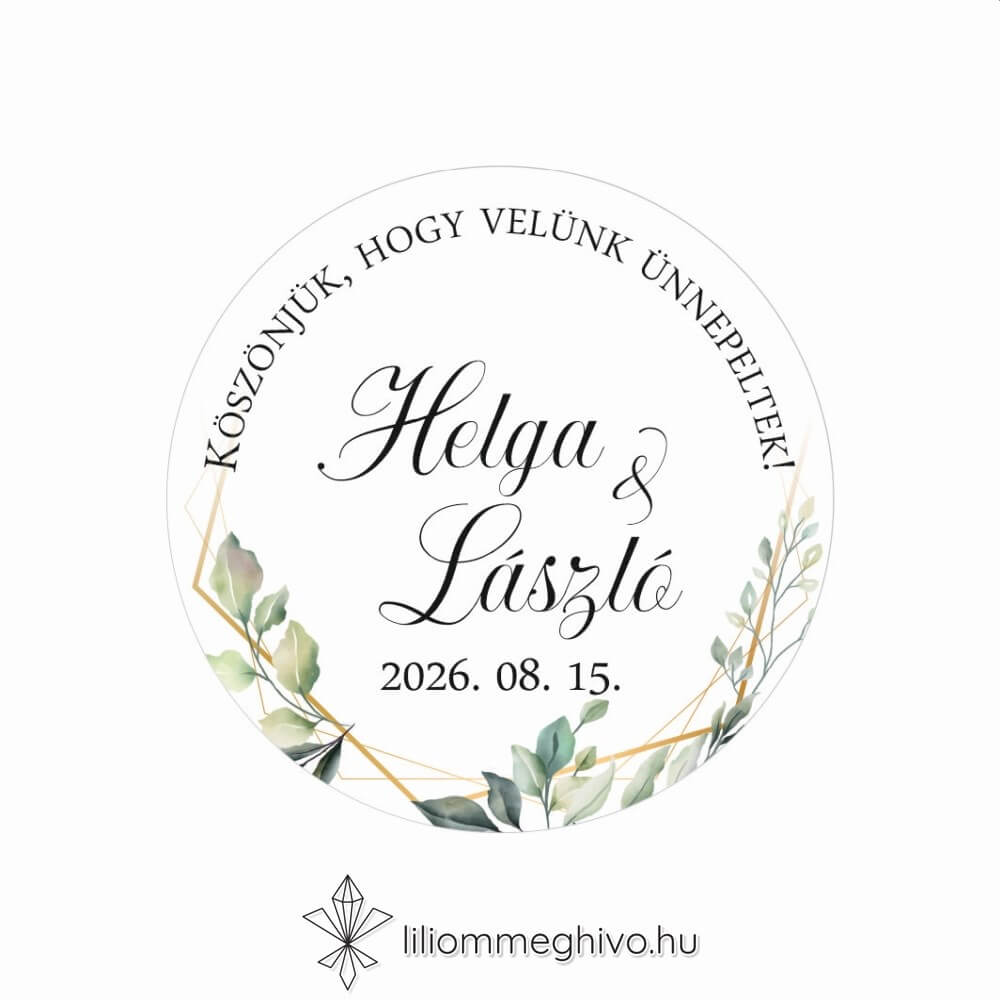 Kőris esküvői matrica zöld színek greenery hangulat kör alak