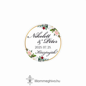 Rózsa esküvői matrica rózsákkal arany kerettel kör alak