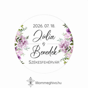 Szellőrózsa esküvői matrica színes virágkerettel kör alak