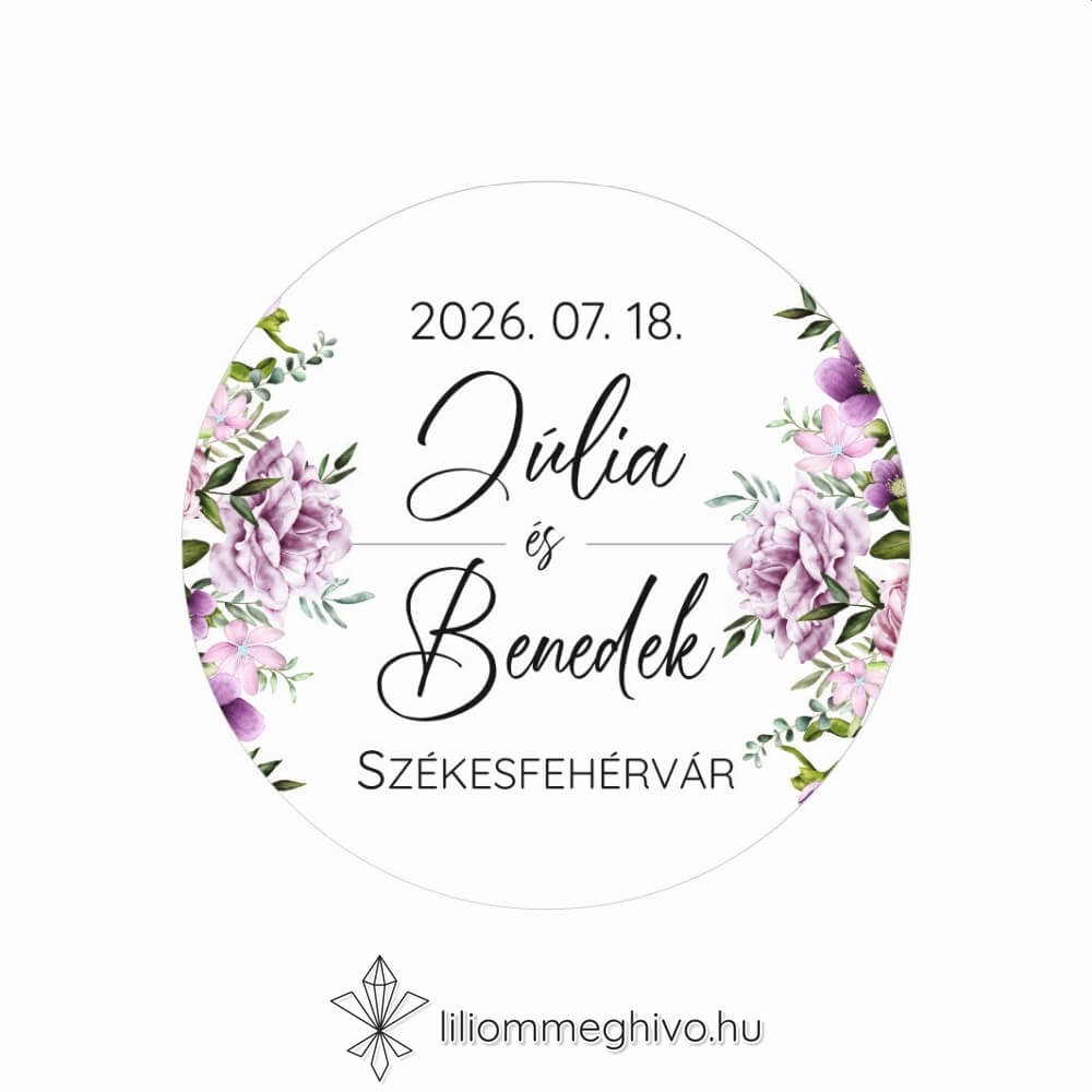 Szellőrózsa esküvői matrica színes virágkerettel kör alak