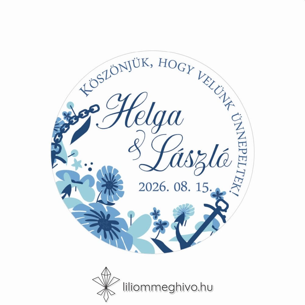 Vízivilág esküvői matrica kék színek vizes grafikák kör alak