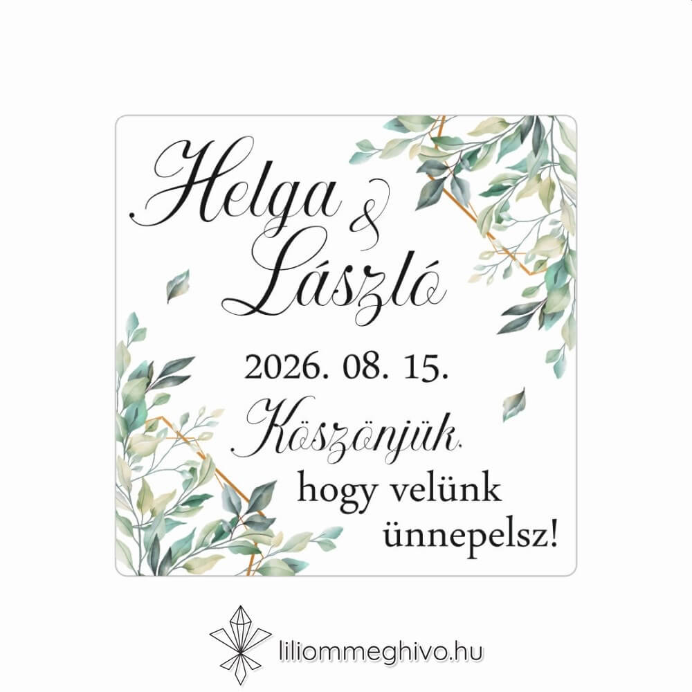 Kőris esküvői matrica zöld színek greenery hangulat négyzet alak