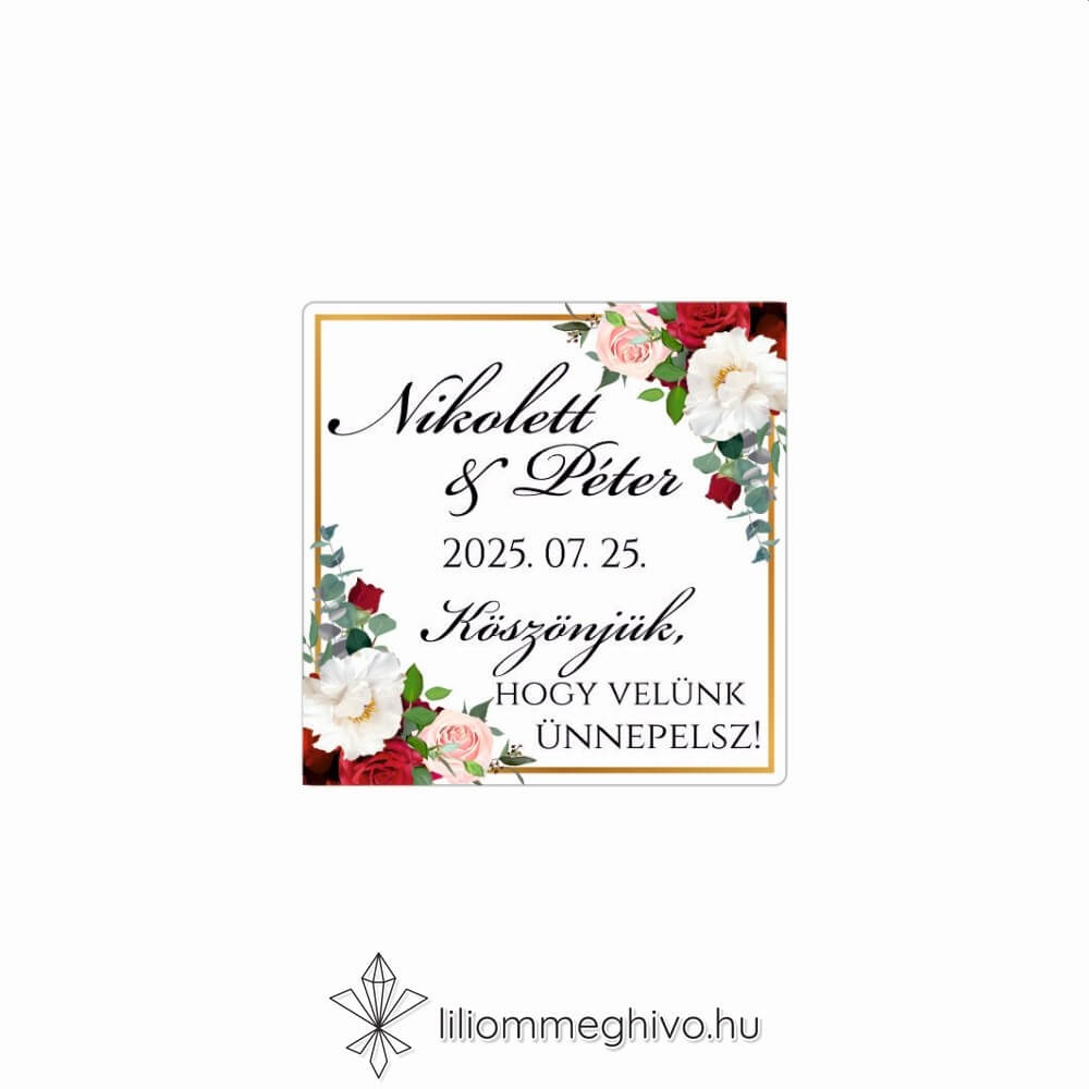 eskuvoi-matrica-negyzet-rozsa-liliommeghivo Rózsa esküvői matrica rózsákkal arany kerettel négyzetes alak