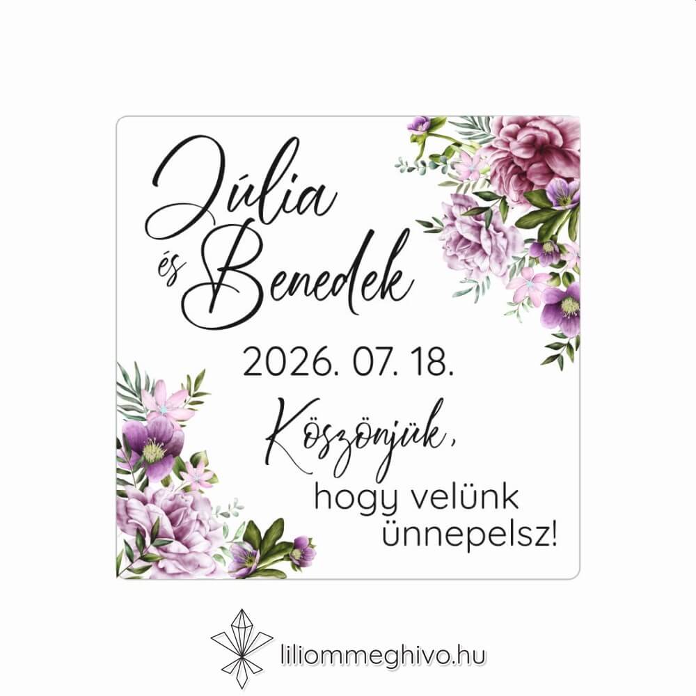 Szellőrózsa esküvői matrica színes virágkerettel négyzetes alak