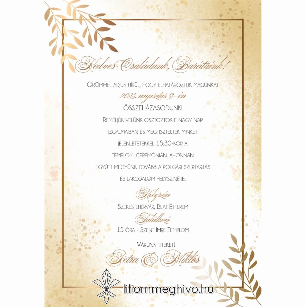 Aranypor esküvői meghívó elegáns arany színű csillogás egyoldalas verzió