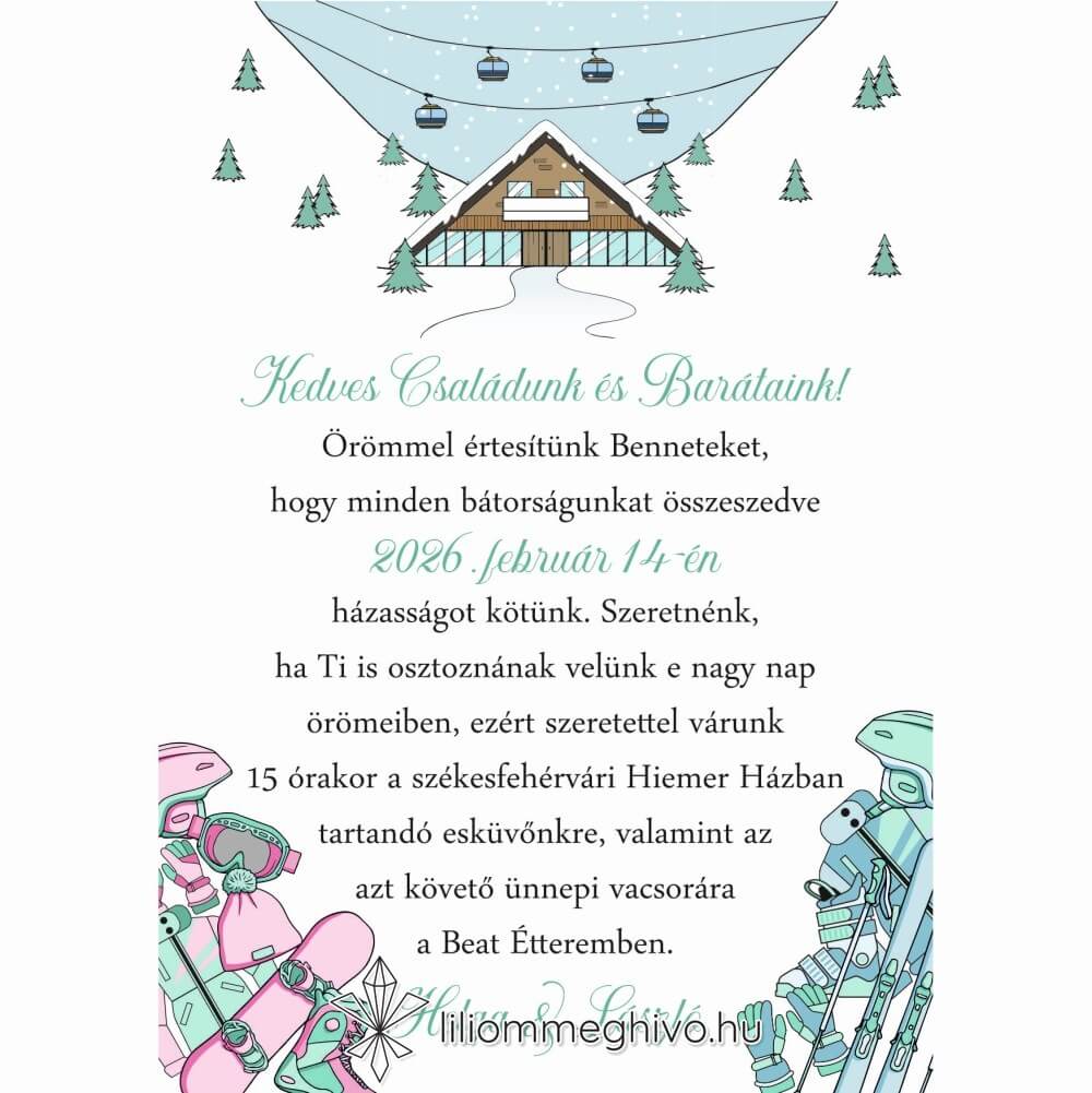 Hütte esküvői meghívó pasztell színek síelős hangulat egyoldalas változat