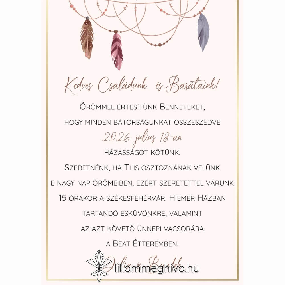 Indián esküvői meghívó pasztell színű tollakkal egyoldalas változat