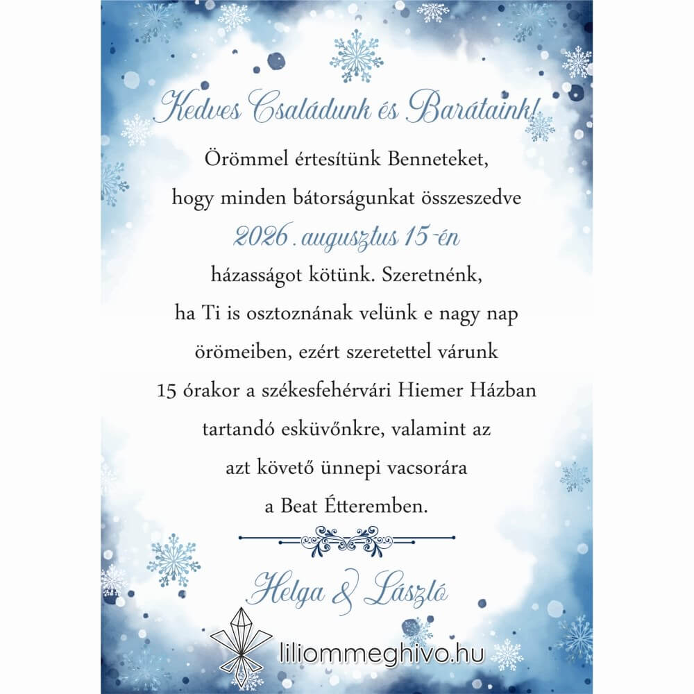 Jégvarázs esküvői meghívó festett kék háttér szikrázó jégkristályok egyoldalas változat