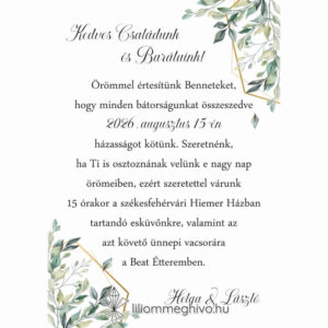 Kőris esküvői meghívó zöld színek greenery hangulat egyoldalas változat