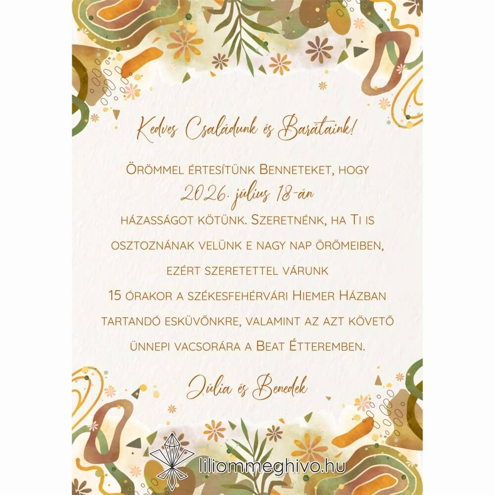 Őszi kavalkád esküvői meghívó pasztell színek levelek egyoldalas változat