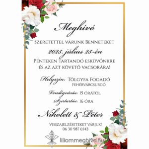 Rózsa esküvői meghívó rózsákkal arany kerettel egyoldalas változat