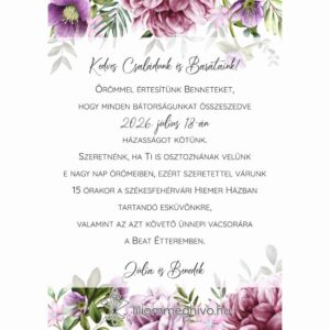 Szellőrózsa esküvői meghívó színes virágkerettel egyoldalas változat