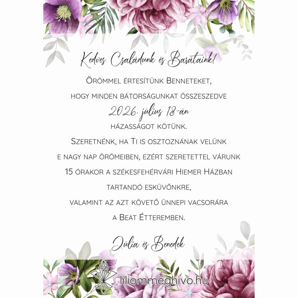 Szellőrózsa esküvői meghívó színes virágkerettel egyoldalas változat