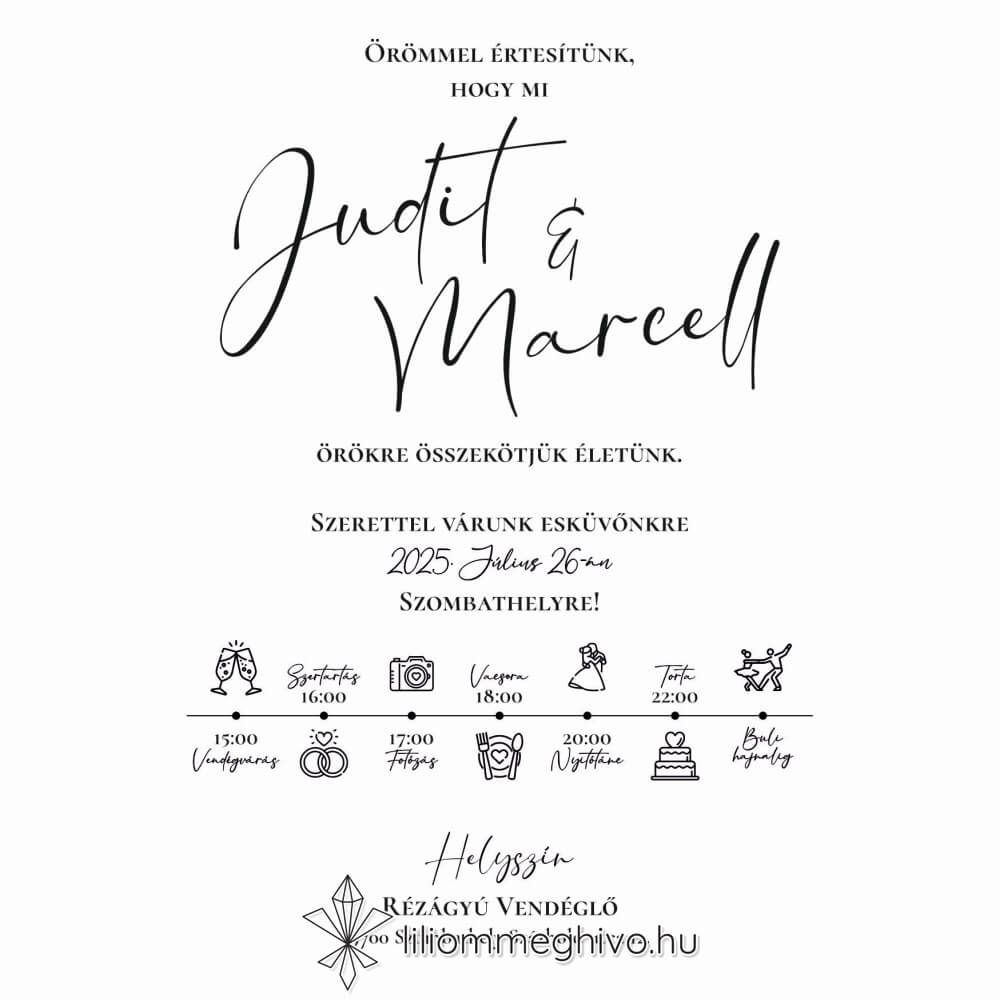 Szignó esküvői meghívó modern fekete-fehér stílus egyoldalas változat