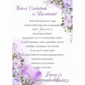 Tavasz esküvői meghívó lila virágokkal egyoldalas változat
