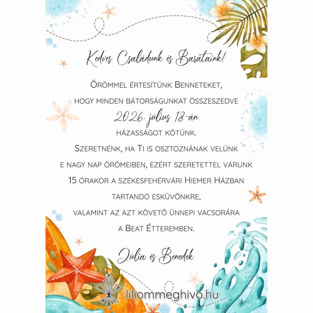 Tunézia esküvői meghívó tengerparti rajzokkal egyoldalas változat