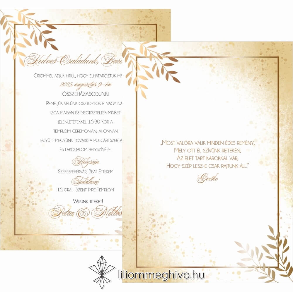 Aranypor esküvői meghívó elegáns arany színű csillogás kétoldalas verzió